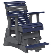 A navy blue and dark gray outdoor glider chair with an integrated footrest, shown on a plain white background.