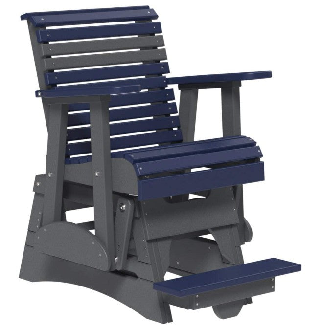 A navy blue and dark gray outdoor glider chair with an integrated footrest, shown on a plain white background.