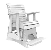 A white outdoor glider chair with a footrest, made from durable slatted plastic or composite lumber, shown against a plain white background.