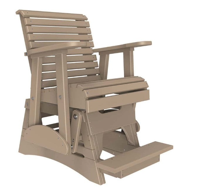A beige slatted glider chair with a footrest, shown on a plain white background.