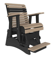 A glider outdoor chair with a black frame and light beige slatted seat, backrest, and footrest, shown on a plain white background.