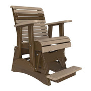 A brown slatted outdoor glider 
chair with a footrest, shown on a plain white background.