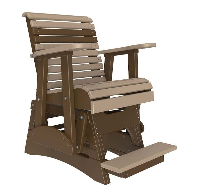 A brown slatted outdoor glider 
chair with a footrest, shown on a plain white background.
