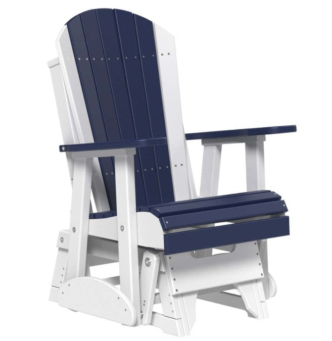 Blue and white Adirondack chair on a white background