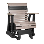 Weatherwood and black glider chair on white background