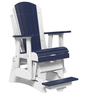 A white and navy blue outdoor rocking chair with a footrest, shown on a plain white background.