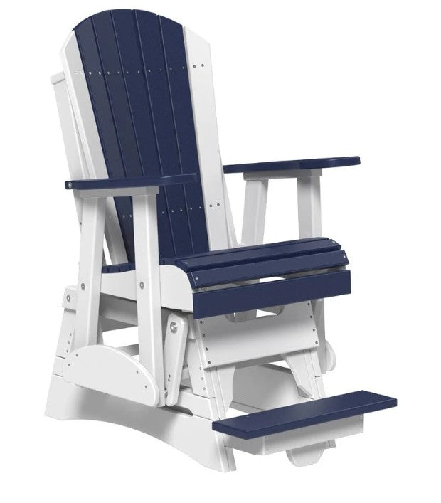 A white and navy blue outdoor rocking chair with a footrest, shown on a plain white background.