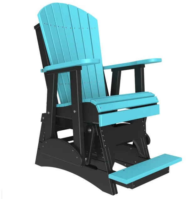 A turquoise and black outdoor Adirondack-style rocking chair with a footrest, shown on a plain white background.
