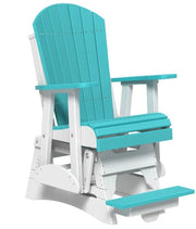 A turquoise and white outdoor Adirondack-style rocking chair with a footrest, shown on a plain white background.