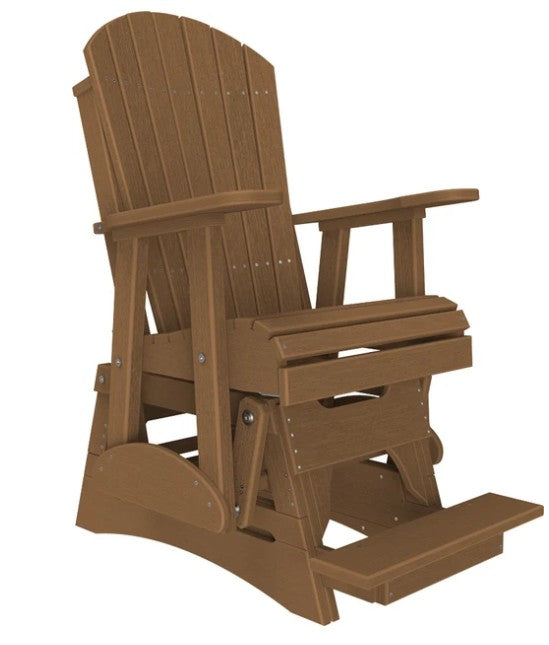 A brown Adirondack-style rocking chair with a footrest, shown on a plain white background.