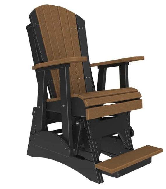 A rocking Adirondack-style chair with a black frame and brown slatted back, seat, armrests, and footrest, shown on a plain white background.