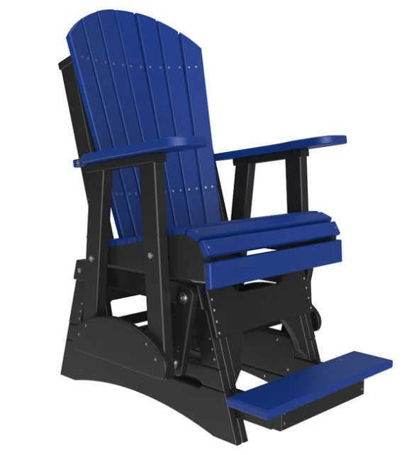 A blue and black outdoor Adirondack-style glider chair with a matching footrest, shown on a plain white background.