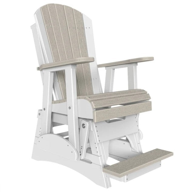 A white and light beige outdoor rocking chair with a footrest, shown on a plain white background.