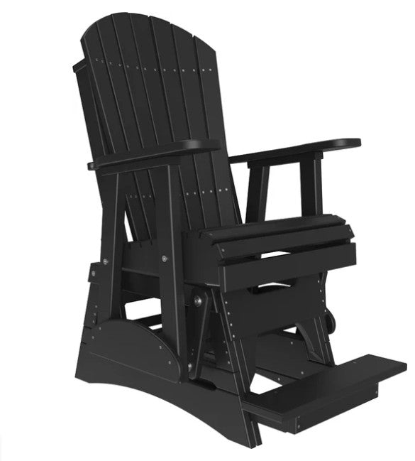 A black outdoor Adirondack-style rocking chair with a footrest, shown on a plain white background.