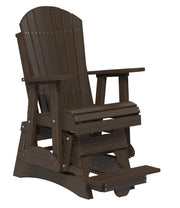 A dark brown Adirondack-style rocking chair with a footrest, shown on a plain white background.