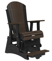 A dark brown and black outdoor Adirondack-style rocking chair with a footrest, shown on a plain white background.