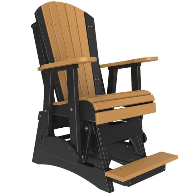 A large outdoor rocking chair with a black frame and natural slats on the back, seat, armrests, and footrest, shown on a plain white background.