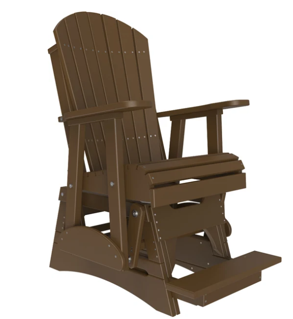 A brown outdoor rocking chair with a footrest, shown from a three-quarters angle on a solid white background.