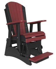 A red and black outdoor rocking chair with a footrest, shown on a plain white background.