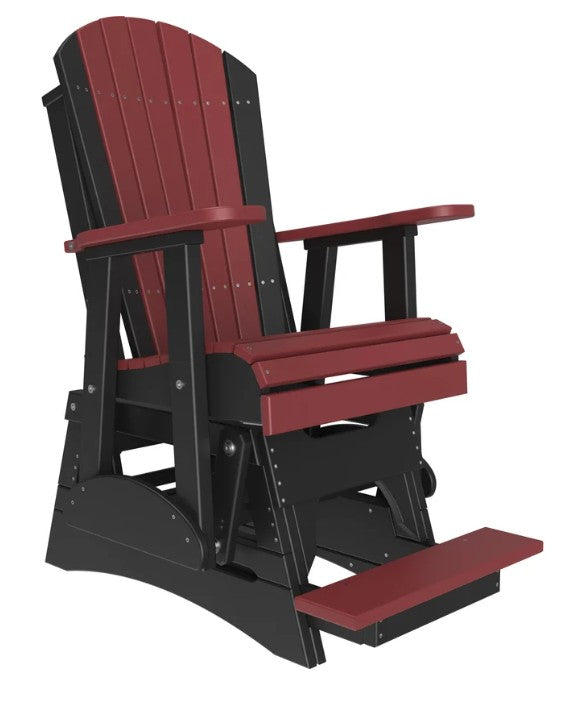 A red and black outdoor rocking chair with a footrest, shown on a plain white background.