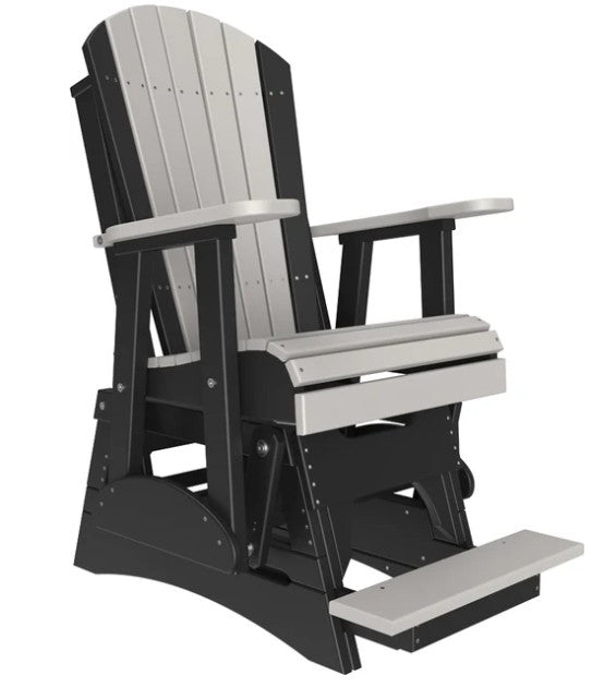 A black and gray Adirondack-style rocking chair with a footrest, shown on a plain white background.