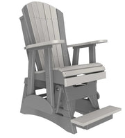 A gray slatted outdoor rocking chair with armrests and a fold-down footrest, shown on a plain white background.