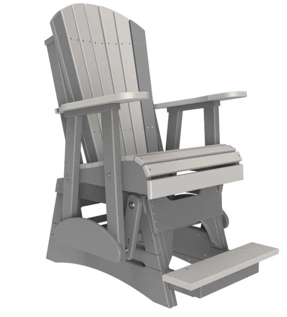 A gray slatted outdoor rocking chair with armrests and a fold-down footrest, shown on a plain white background.