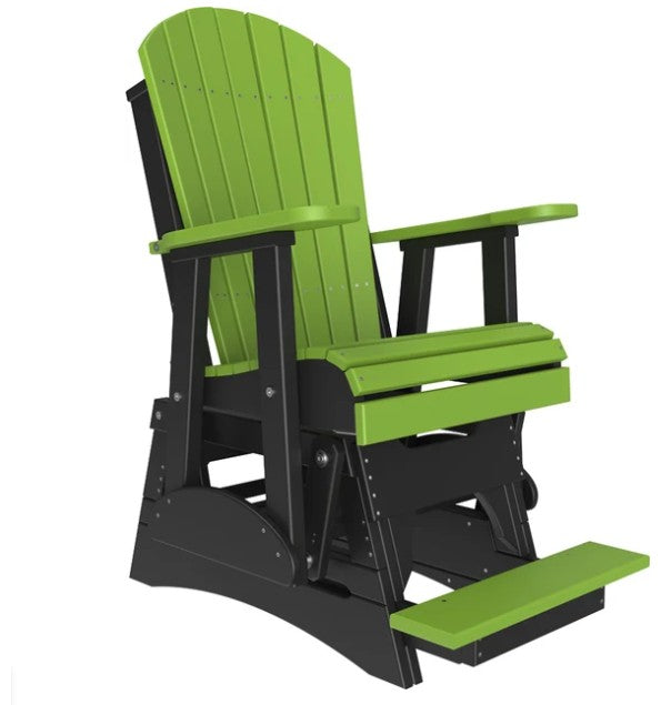 A green and black outdoor rocking chair with an attached footrest, shown on a plain white background.