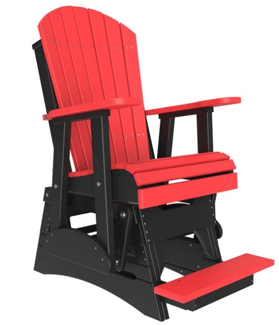 A red and black outdoor Adirondack-style glider chair with a footrest, shown on a plain white background.