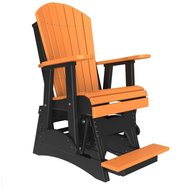 An outdoor rocking chair with a black frame and bright orange slatted back, armrests, and footrest, shown on a plain white background.