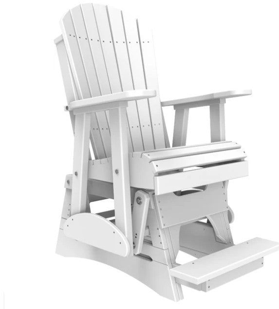A white Adirondack-style rocking chair with a footrest, shown on a plain white background.