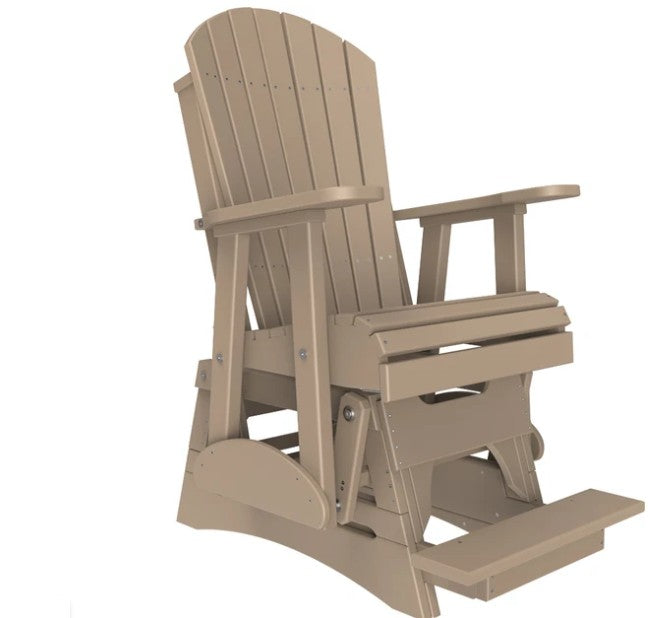 A beige Adirondack-style rocking chair with a footrest, shown on a plain white background.