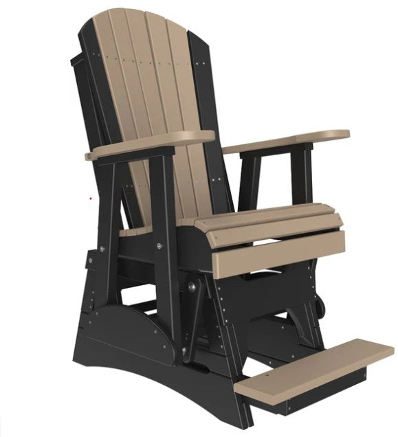 A high-back Adirondack-style rocking chair with a black frame and beige slatted back, arms, seat, and footrest, shown on a plain white background.