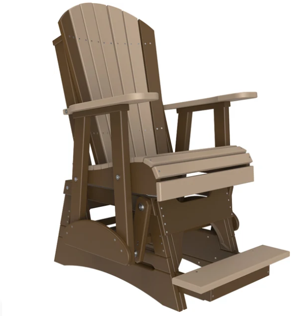 A brown and beige outdoor Adirondack-style glider chair with a footrest, shown on a plain white background.