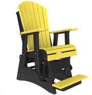 A yellow and black outdoor Adirondack chair with a footrest, shown on a plain white background.
