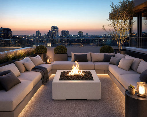 32-inch Alea concrete and limestone fire pit with black lava rocks surrounded by sectional seating on a roof top deck with city views.  The seating area is surrounded by potted plants.   