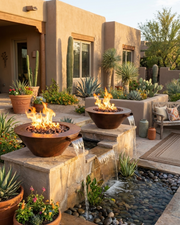 Two round outdoor fire pits with active flames are placed on stone steps beside a small waterfall and pond in a desert-style patio setting with cacti and a stucco house in the background.