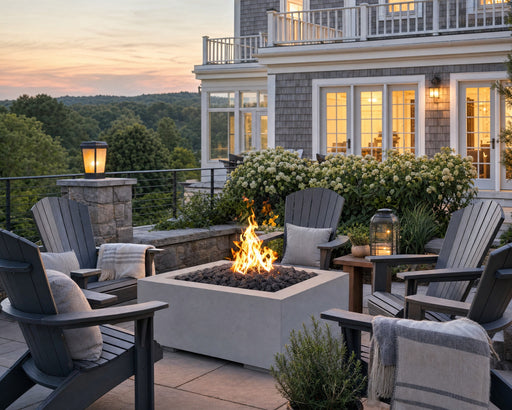 The Alea 32-inch limestone and concrete fire pit on a stone patio surrounded by Adirondack chairs, soft lighting and an east coast home.  