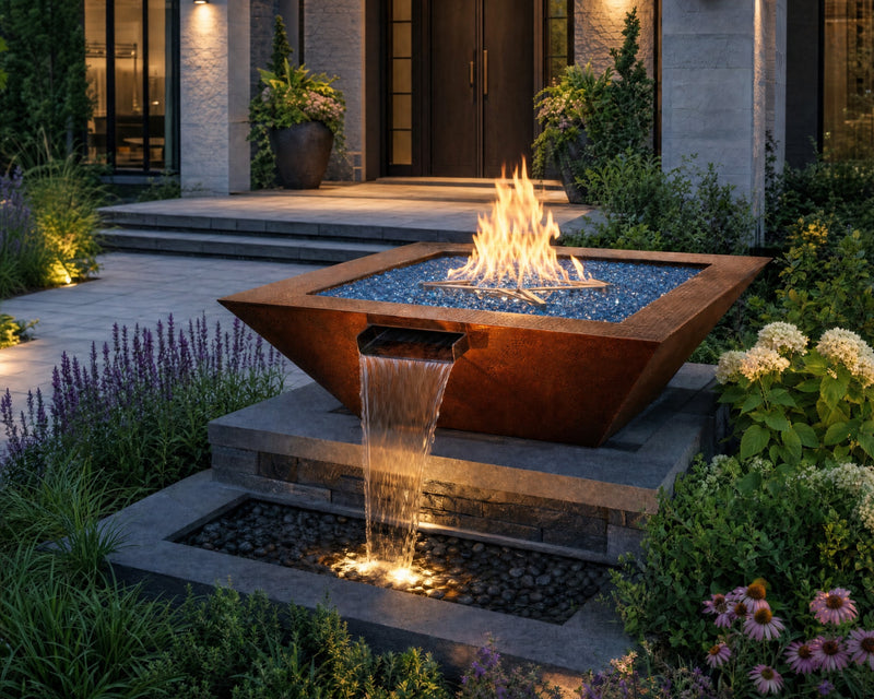 HPC Sierra 36 inch smooth copper fire and water bowl nesting on a stone pilar at the entrance of a house with a smooth flame and flowing water.  
