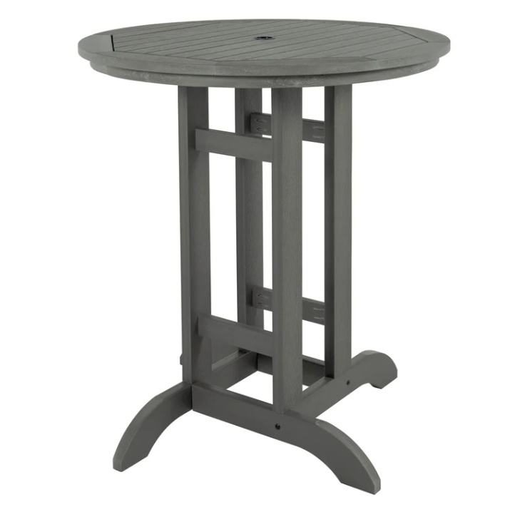 Sequoia coastal teak bar table on white background.  