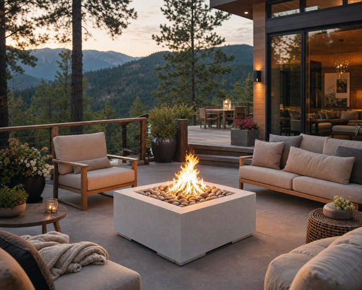HPC 40-inch Alea lightweight concrete firepit with natural beach stones on a stone patio next to a mountain top home surrounded by comfortable seating, potted plants and flowers.  