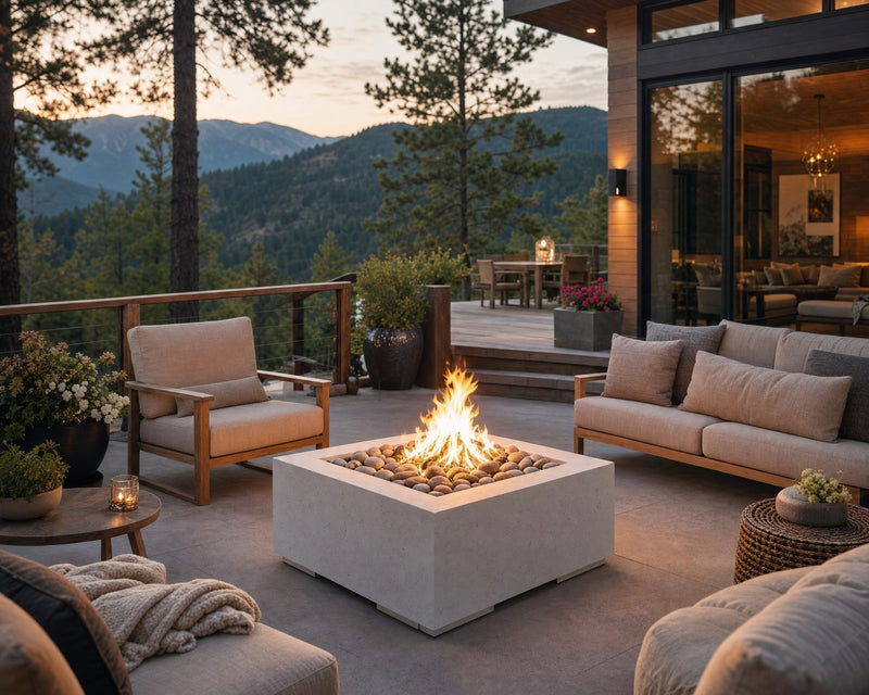HPC 40-inch Alea lightweight concrete firepit with natural beach stones on a stone patio next to a mountain top home surrounded by comfortable seating, potted plants and flowers.  
