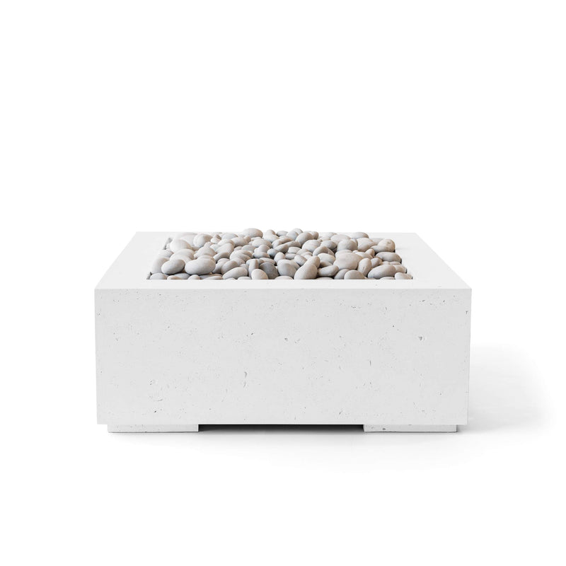 HPC 40-inch Alea natural concrete fire pit with ivory beach stones on a white background.  