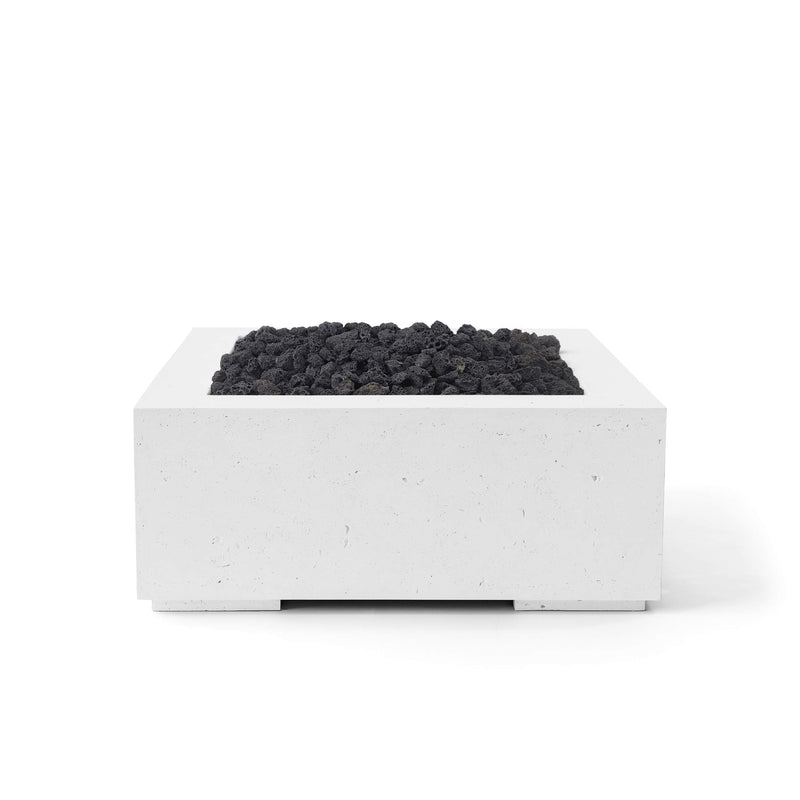 HPC 40-inch Alea lightweight concrete firepit with black lava stones on a white background.  