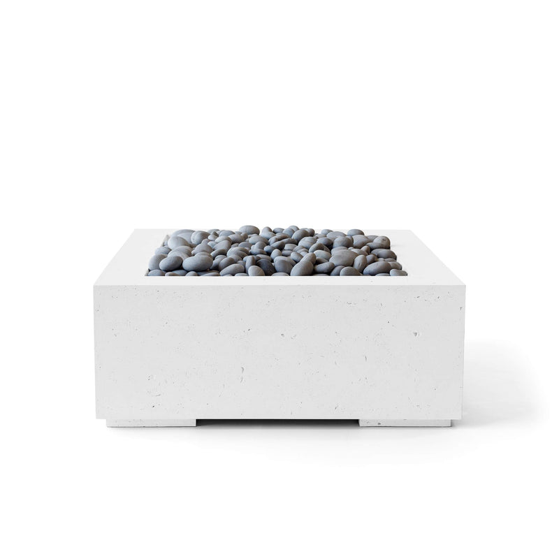 HPC 40-inch Alea natural concrete fire pit with slate beach stones on a white background.  