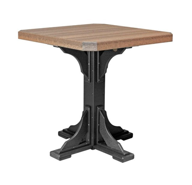 Square table with brown top and black base on a white background