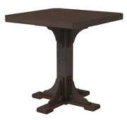Brown wooden table with a pedestal base on a white background