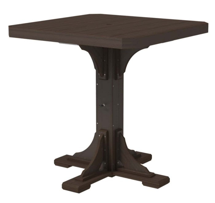 Brown wooden table with a pedestal base on a white background