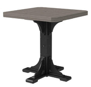 Square table with dark gray top and black base on a white background