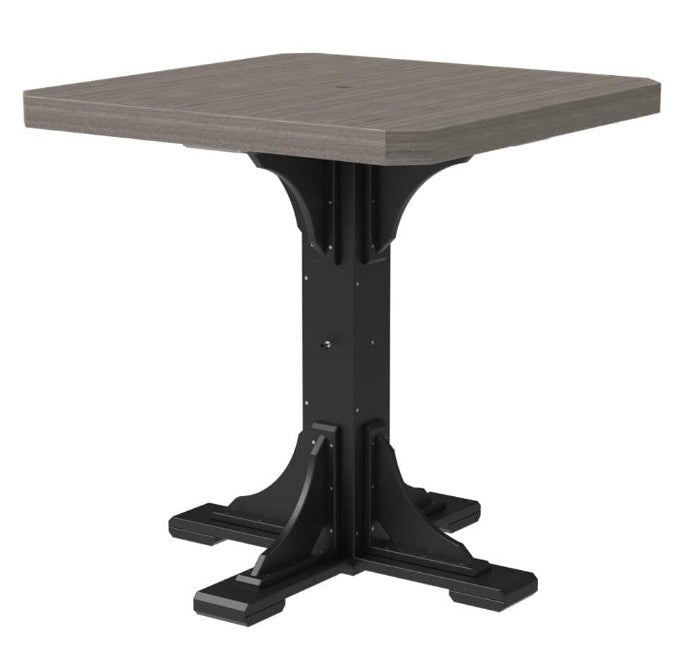 Square table with dark gray top and black base on a white background